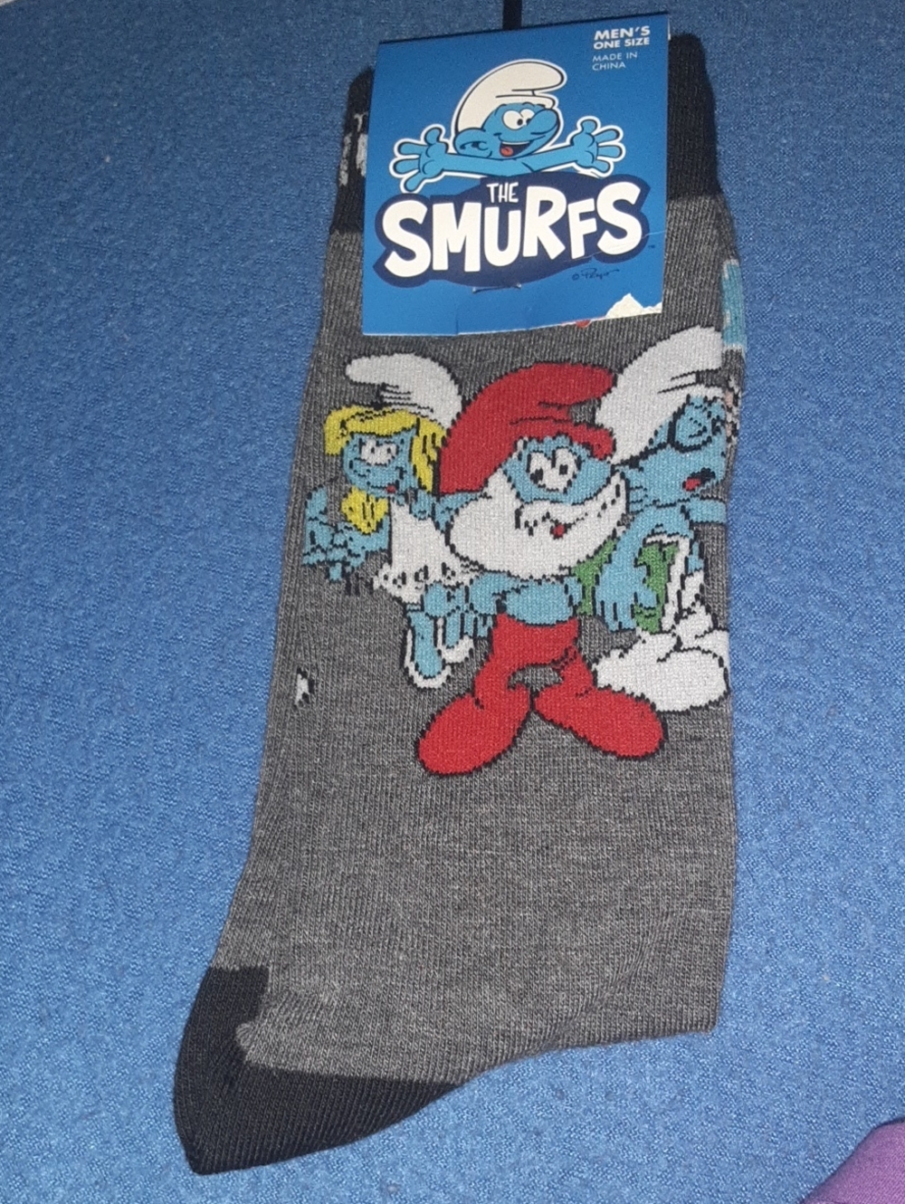 The Smurfs Men's Gray Crew Socks with Red & Blue Character Motif